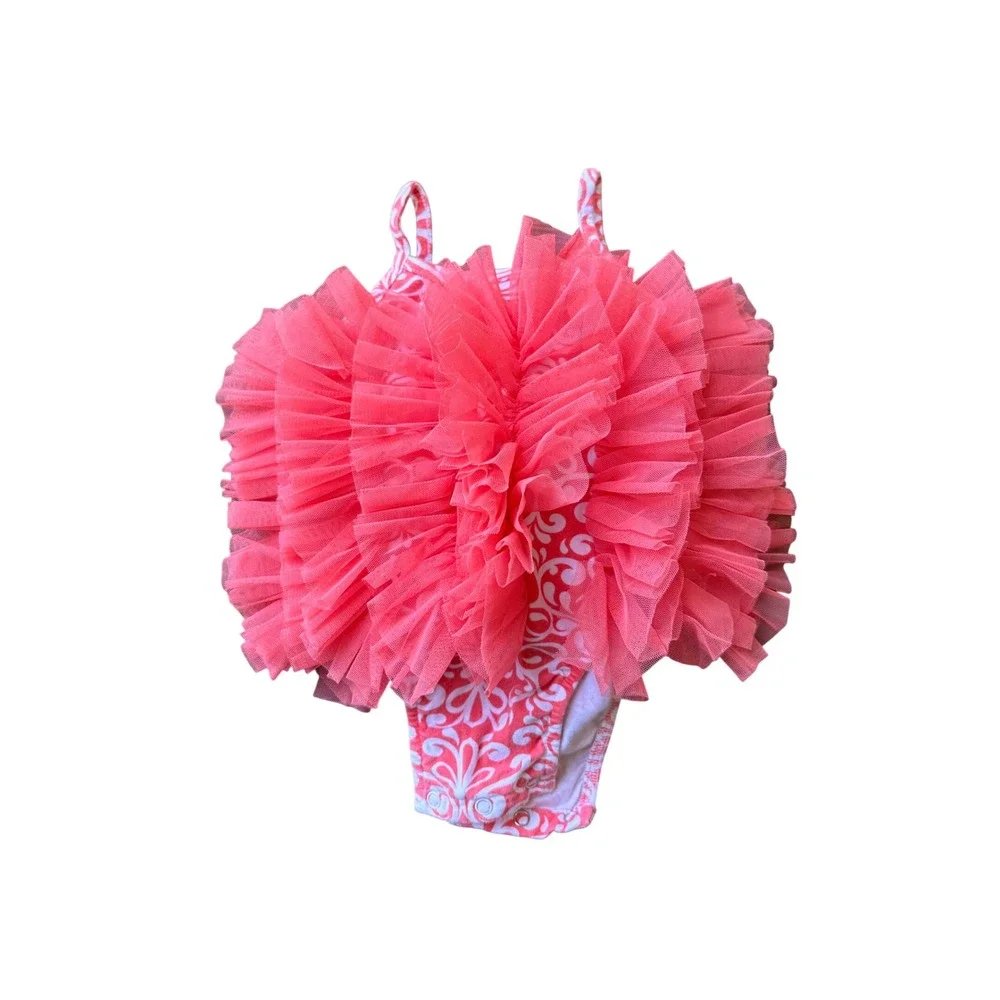 Mud Pie Baby Girls Pink White Damask Ruffle Tulle Bodysuit 6-9M